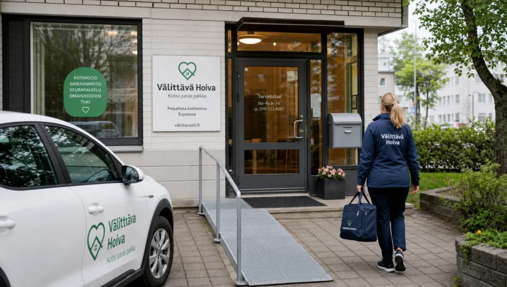 Palvelun sisäänkäynti ja työauto kertovat kotihoidosta Espoossa tai Turussa.
