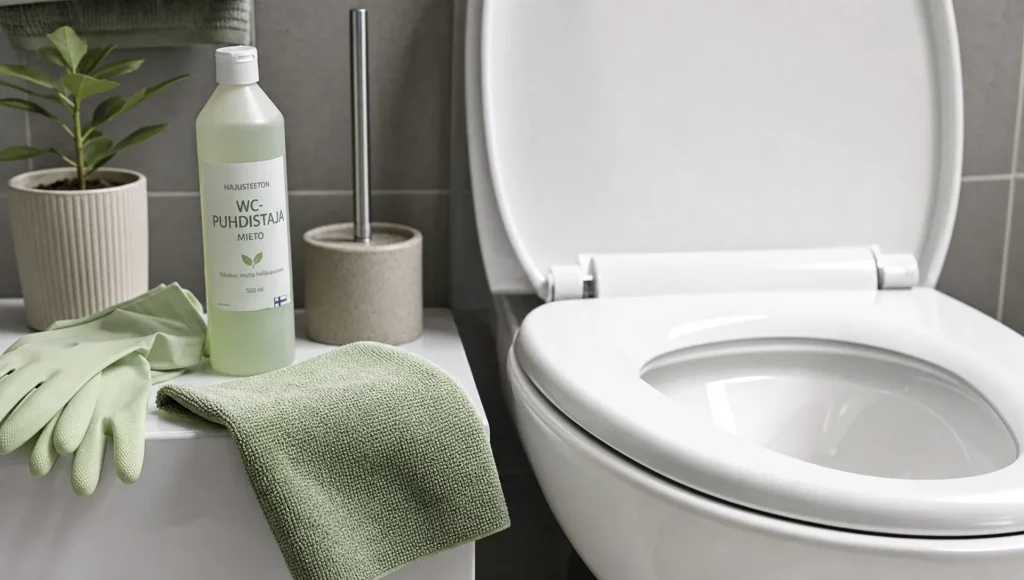 WC-pöntön reunassa näkyy mikrokuituliina, suojakäsineet ja harja hellävaraista siivousta varten.