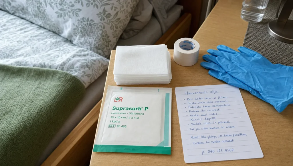 Haavanhoidon tarvikkeet ovat valmiina vuoteen vieressä leikkauksen jälkeen kotona.