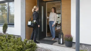 A resident welcomes a cleaner at the entrance of a Finnish home, with the hallway visible behind them as they begin a home-cleaning visit.