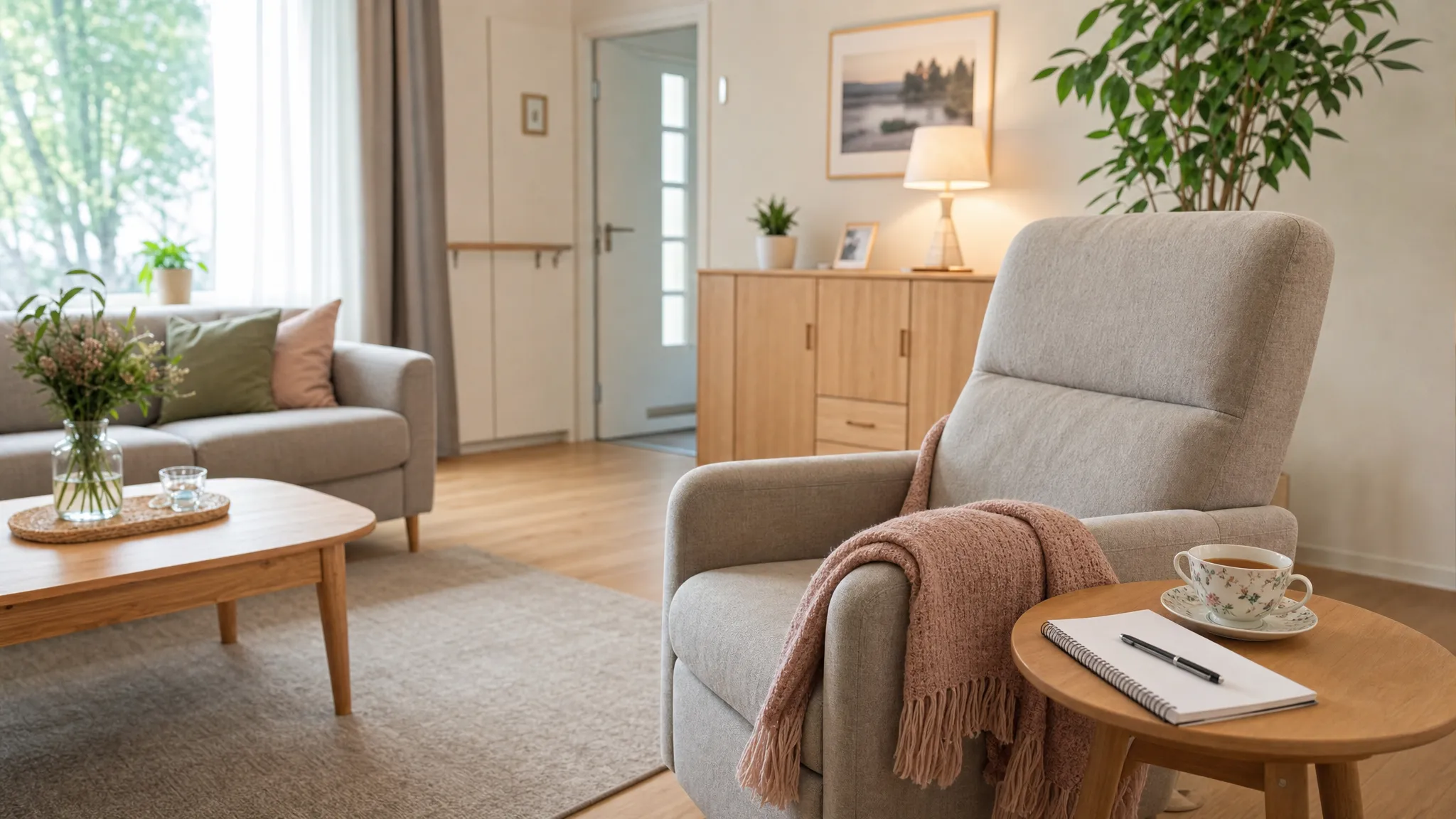 Valoisa olohuone, jossa on esteetön kulkureitti, nojatuolin käsinojalle asetettu viltti ja sivupöydällä teekuppi sekä muistivihko arjen hoivakäynnin suunnittelua varten.
