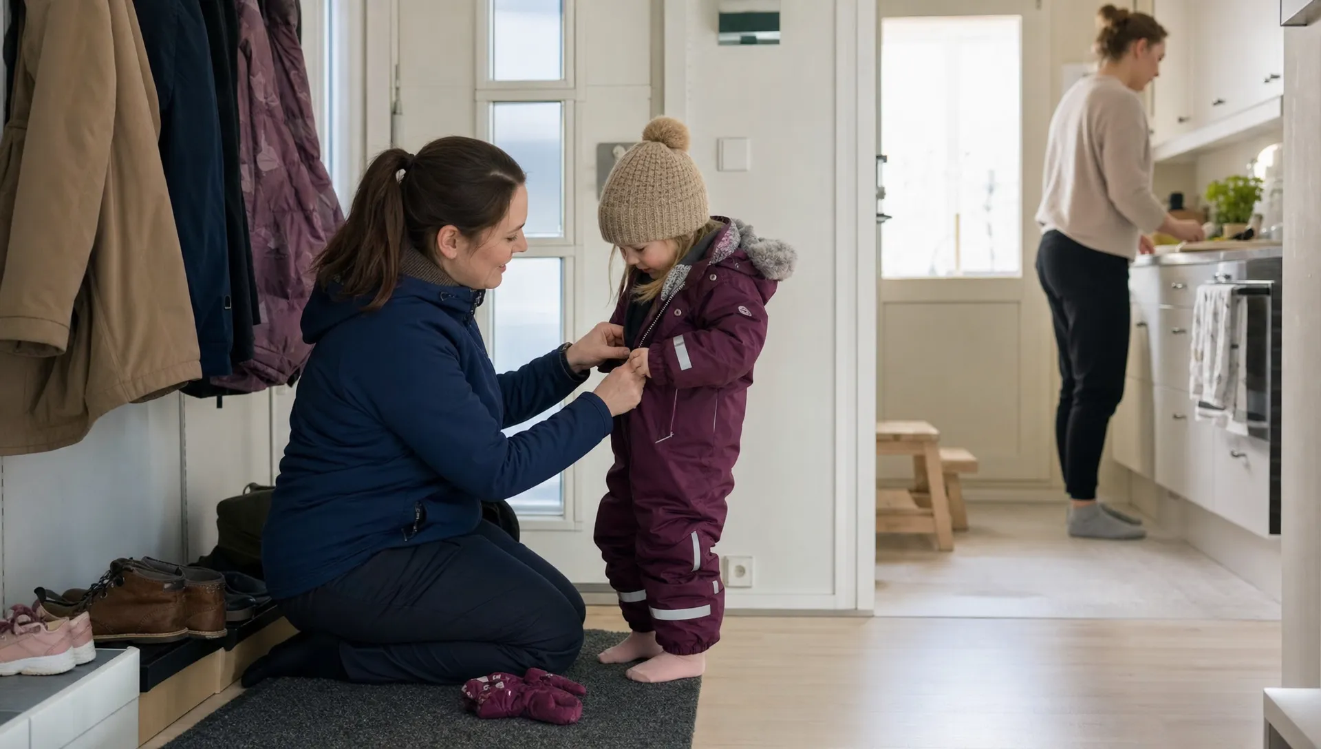 Suomalainen lapsiperheen koti, jossa hoiva-alan ammattilainen auttaa lasta pukemaan ulkovaatteita eteisessä samalla kun vanhempi valmistaa ruokaa keittiössä taustalla.