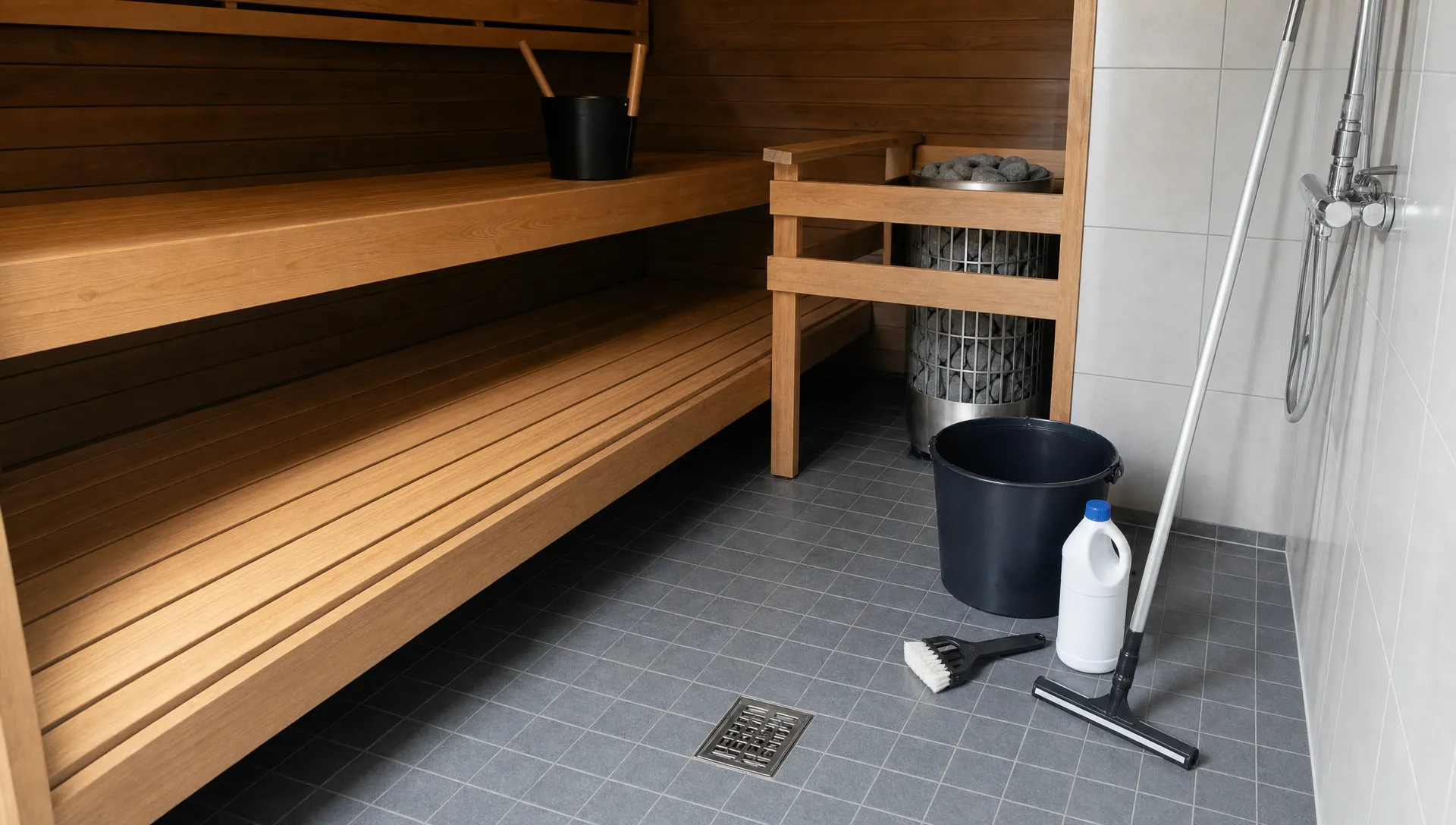 Taloyhtiön saunan puiset lauteet, pesuhuoneen lattia ja siivousvälineet valmiina puhdistukseen.