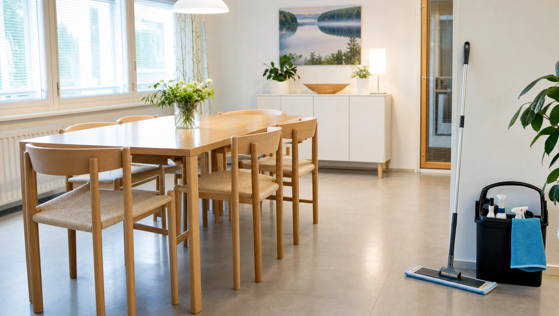 Valoisa suomalainen ruokailutila, jossa puhdas pöytäpinta, siisti lattia ja järjestyksessä olevat siivousvälineet kertovat huolellisesta ylläpitosiivouksesta.