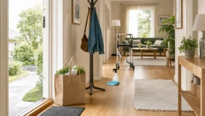 An open doorway, walking aid and household items suggest flexible home help arriving into daily life.