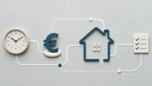 Kello, euromerkki ja talosymboli muodostavat abstraktin kuvan kotisiivouksen hinnasta ja palvelun laajuudesta.