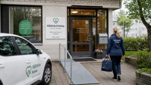 Palvelun sisäänkäynti ja työauto kertovat kotihoidosta Espoossa tai Turussa.