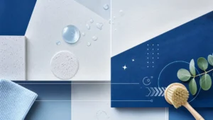 Simple household-cleaning shapes form an abstract visual for perussiivous and a fresh home.