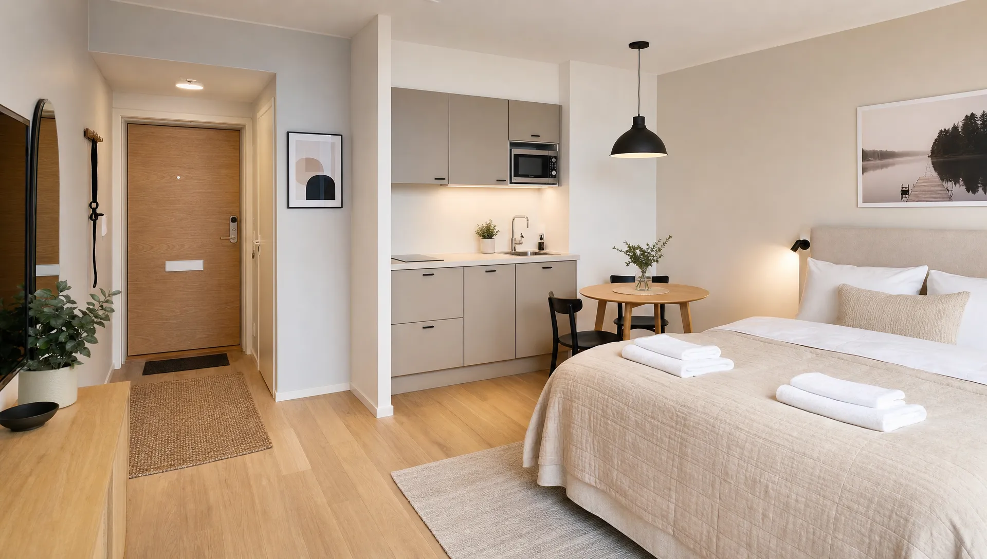 Valoisa pieni Airbnb-asunto laajasta kulmasta kuvattuna, jossa eteinen, makuutila ja keittiönurkka näkyvät samassa tilassa ja järjestys korostuu puhtaiden tekstiilien, suoristettujen pyyhkeiden ja tyhjien tasojen kautta.