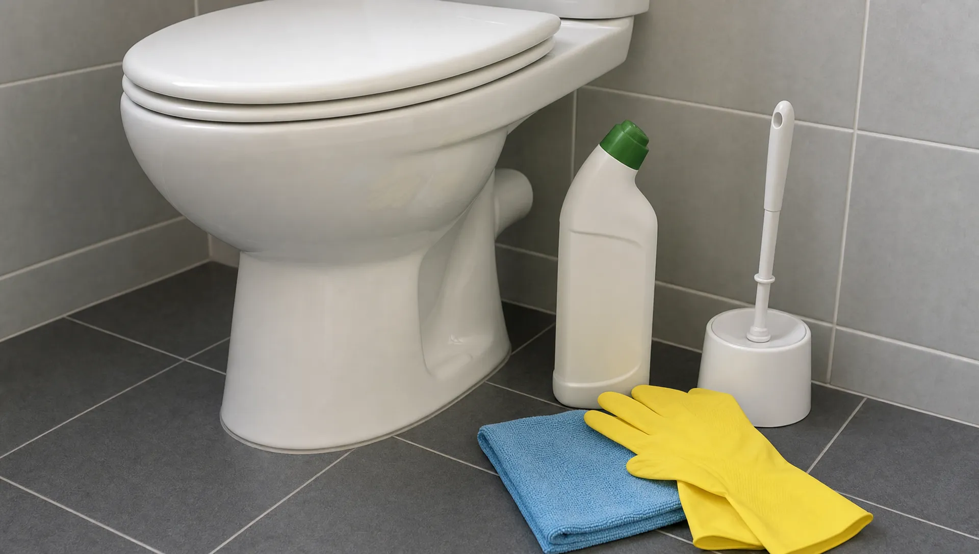 WC-pöntön vieressä on mikrokuituliina, suojakäsineet, harja ja mieto puhdistusaine valmiina siivoukseen.