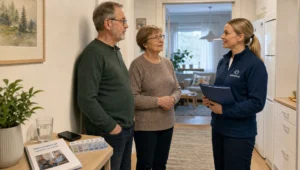 A caregiver, client, and family member talk at a home threshold with a notebook and medication organizer nearby.