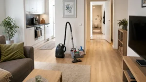 A Finnish home interior shows clear walkways and cleaning tools in the kind of setting where alv vapaa siivous may be needed.