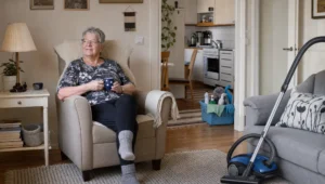 An older adult rests in a Finnish living room while cleaning equipment stands ready nearby.