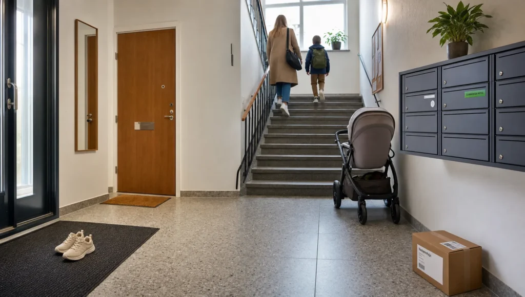 Porraskäytävän siivous parantaa talon ensivaikutelmaa Everyday life in a Finnish stairwell with shoes, a stroller and mailboxes beside the clean entrance area.