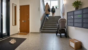 Everyday life in a Finnish stairwell with shoes, a stroller and mailboxes beside the clean entrance area.