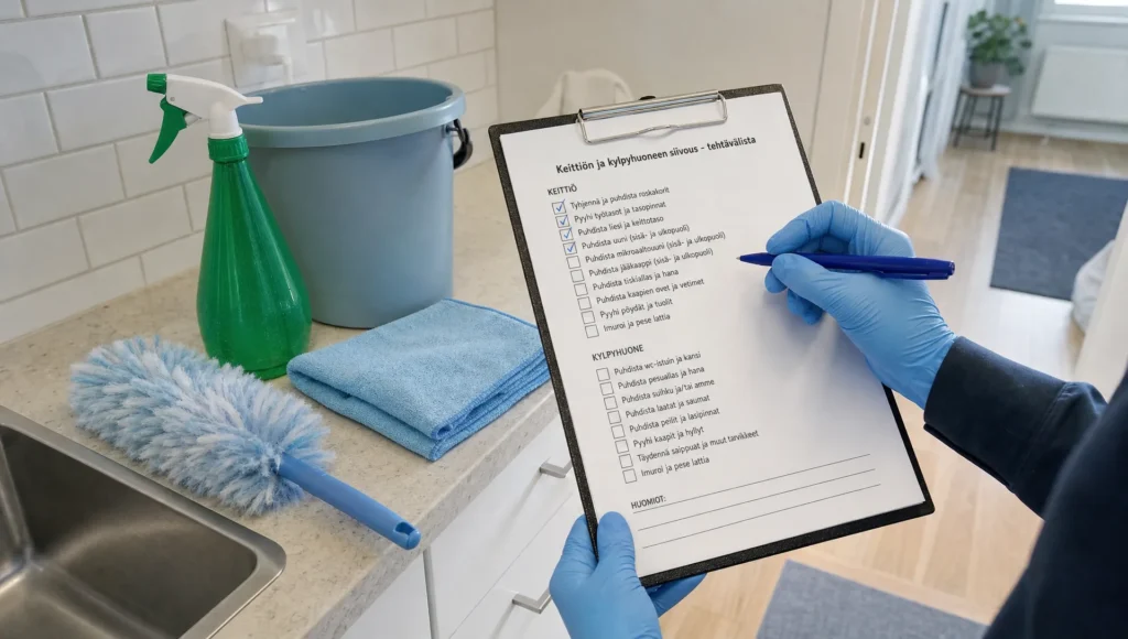 Gloved hands check a cleaning scope on a clipboard beside supplies, reflecting the work behind arvonlisäveroton siivous.