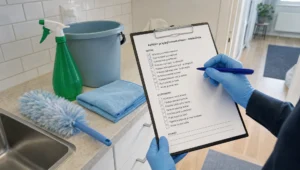 Gloved hands check a cleaning scope on a clipboard beside supplies, reflecting the work behind arvonlisäveroton siivous.