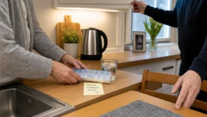Hands prepare a pill organizer, water, and reminder note in a Finnish kitchen, illustrating practical home care support at home.