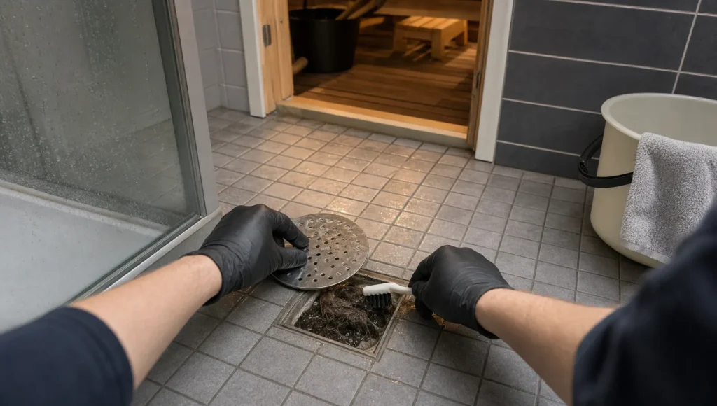 Saunan ja pesuhuoneen siivous pitää tilat raikkaina Käsineet nostavat lattiakaivon kantta ja puhdistavat pesuhuoneen viemäriä.