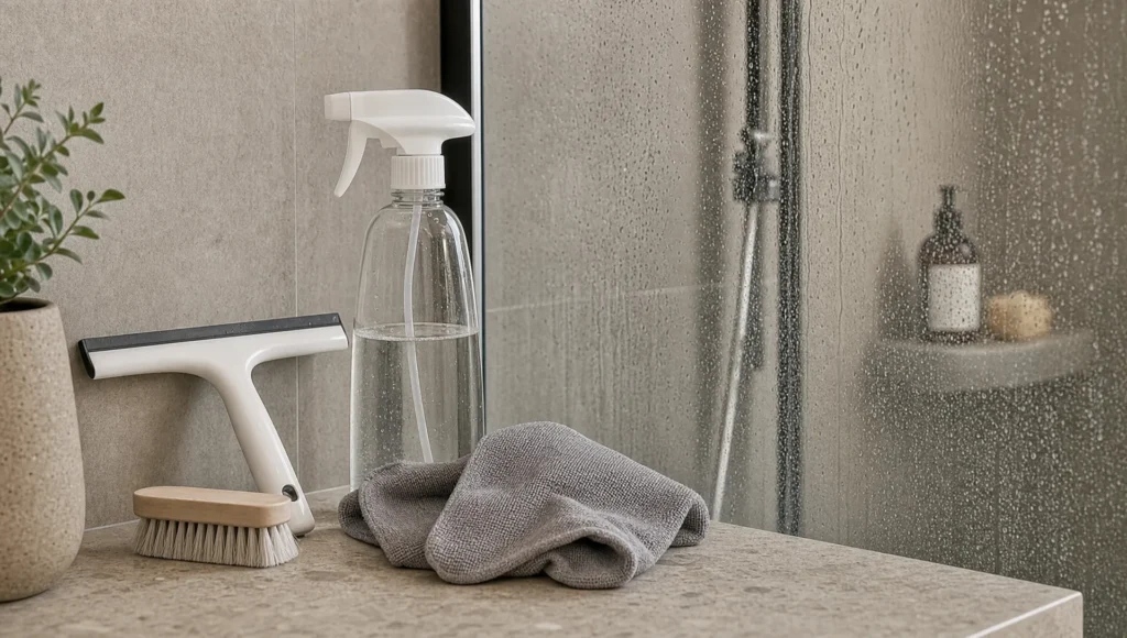 Kylpyhuoneen perussiivous poistaa pinttyneen lian Kylpyhuollon puhdistusvälineet ja kalkkijäljet kertovat perusteellisesta siivouksesta kodin pesutilassa.