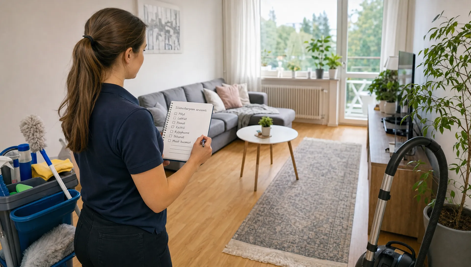 Palveluntarjoaja arvioi siivoustarvetta olohuoneessa, jossa näkyy selkeä kulkuväylä, siivousvälineitä ja muistilista ennen tilausta.