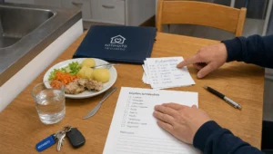 Two hands sort a schedule, keys and a checklist beside a lunch plate, showing practical home service planning in the kitchen.