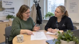 A client and care coordinator discuss which household cleaning tasks require support during an individual service assessment.