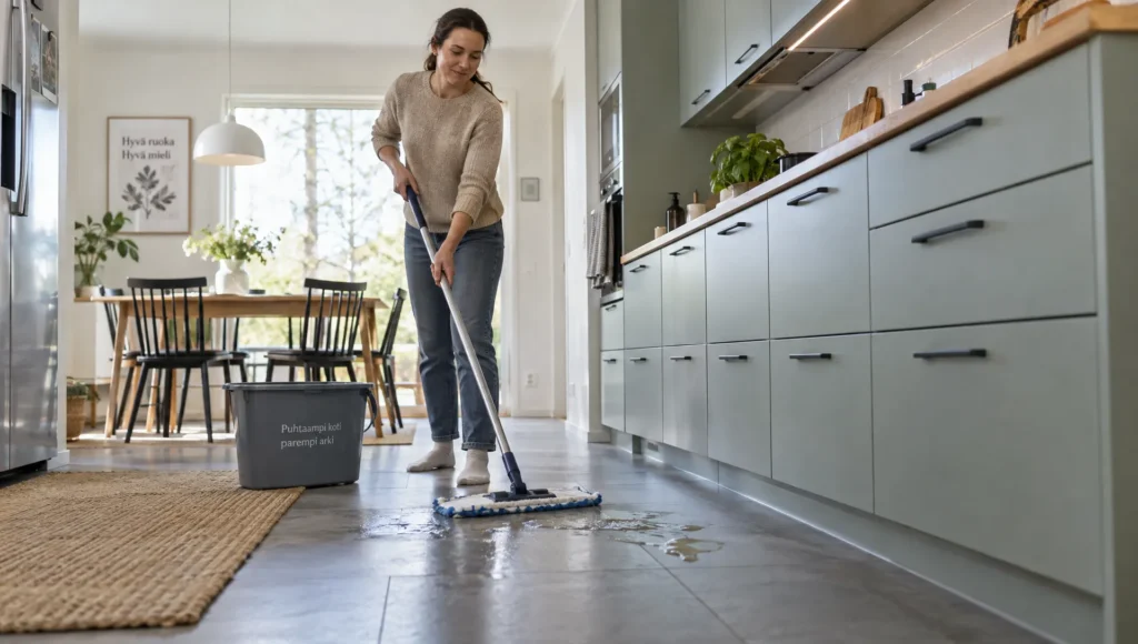 A resident mops a kitchen floor spill while keeping the route through the room clear as part of a practical home cleaning plan.