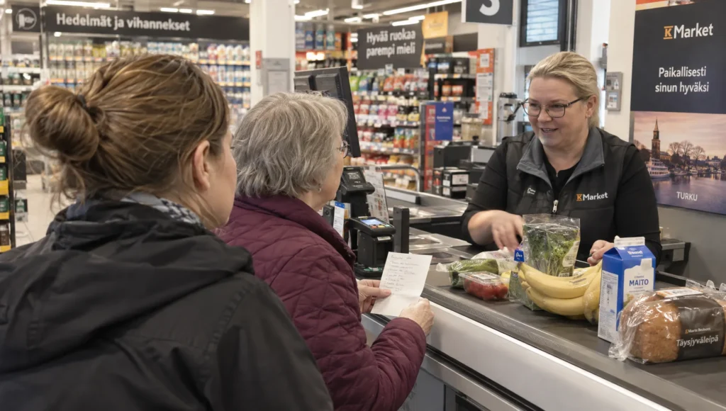 A resident shops with a home helper at a Turku grocery checkout, using a list to manage an assisted everyday errand.