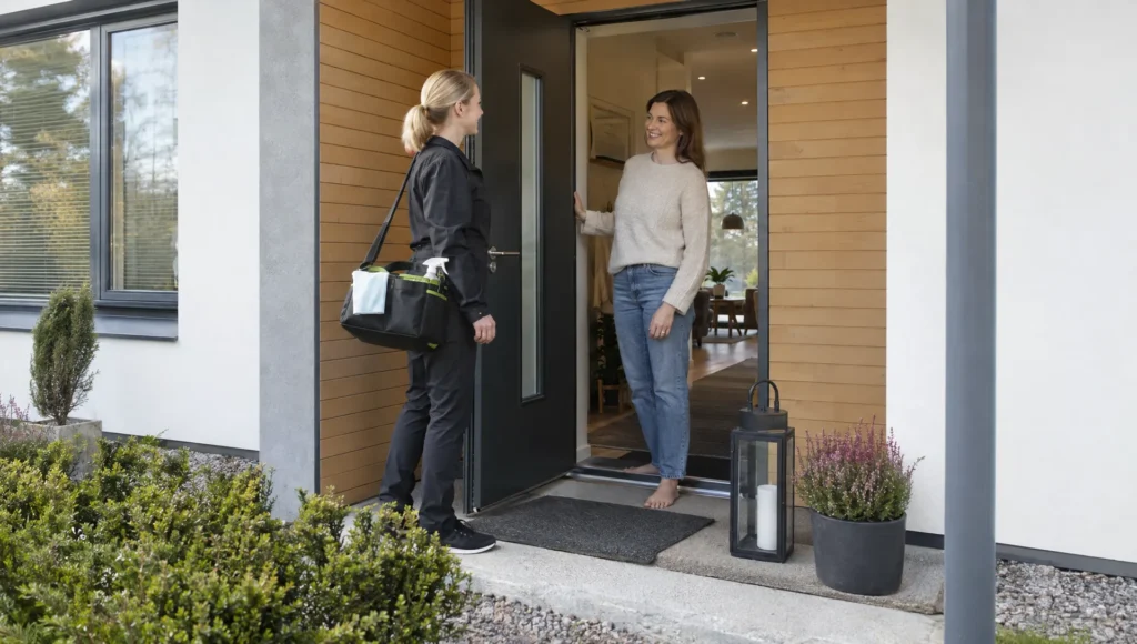 A resident welcomes a cleaner at the entrance of a Finnish home, with the hallway visible behind them as they begin a home-cleaning visit.