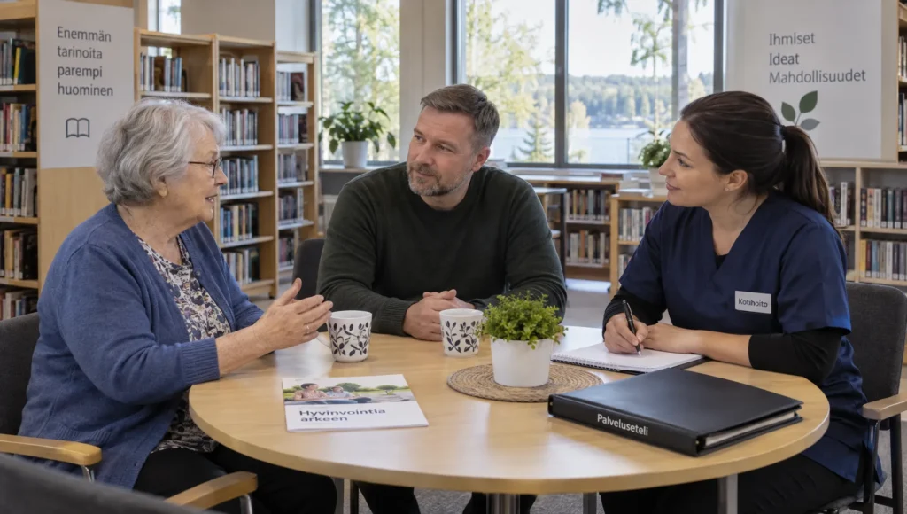An older adult, relative, and home-care professional discuss combining voucher-funded visits with privately purchased support.