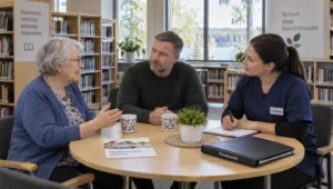 An older adult, relative, and home-care professional discuss combining voucher-funded visits with privately purchased support.