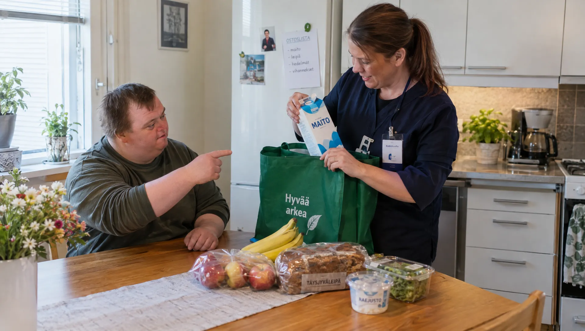 Kotona asuva aikuinen istuu keittiön pöydän ääressä ja neuvoo kodinhoitajaa, joka nostaa ostoksia kauppakassista pöydälle.