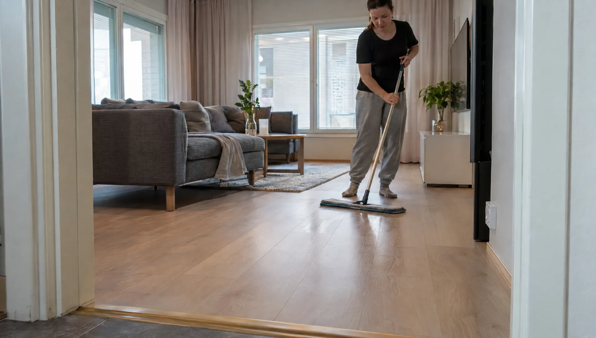 Nihkeä moppi etenee olohuoneen kauimmaisesta nurkasta kohti oviaukkoa, ja vapaa kulkureitti auttaa jättämään lattian viimeiseksi.