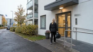 Siivooja saapuu kerrostalon ovelle, jossa sisäänpääsy ja käynnin käytännön järjestelyt voidaan sopia ennen kotisiivousta.