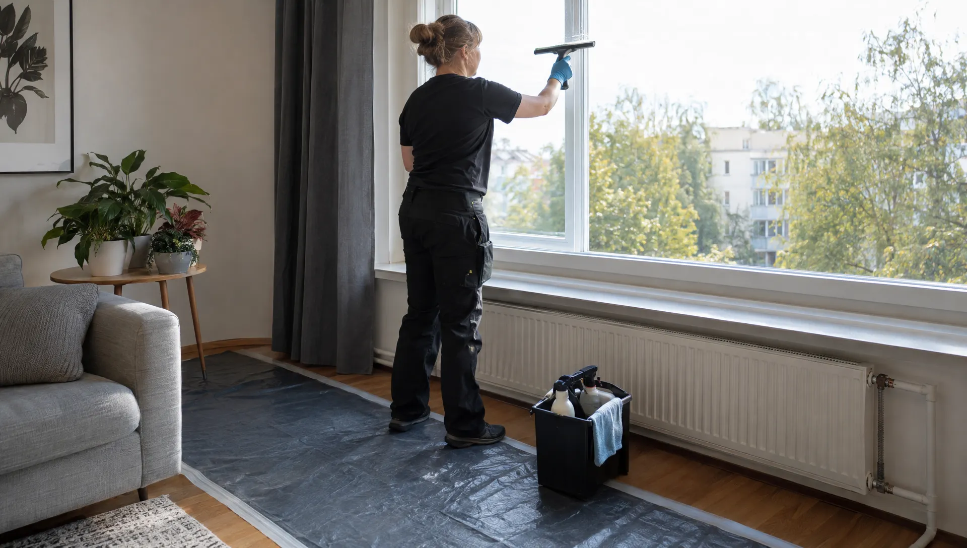 Tyhjennetty ikkunalauta ja sivupöydälle siirretyt kukkaruukut jättävät pesijälle vapaan työskentelytilan, ja lattian suojaus pitää kulkureitin avoimena.